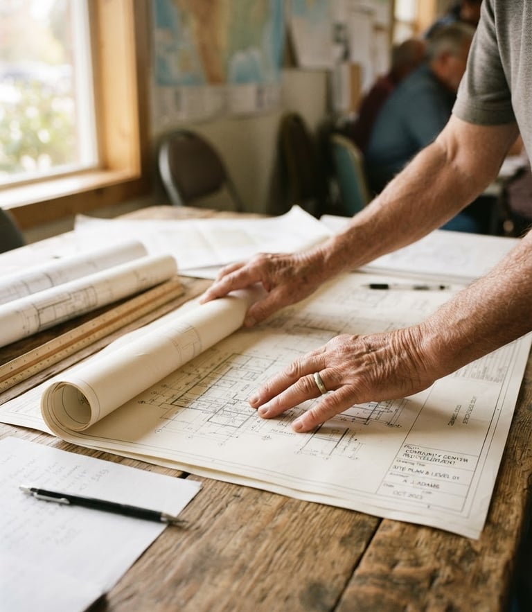 A close-up of a community leader's hands carefully organizing architectural blueprints on a rustic wooden table, soft natural window light casting gentle shadows, muted organic tones, shallow depth of field, 35mm film grain.