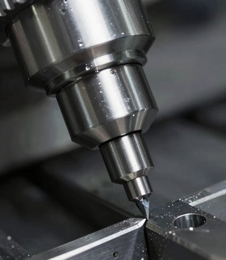 Macro close-up of a high-speed CNC spindle cutting steel, cool metallic tones, high-contrast industrial lighting