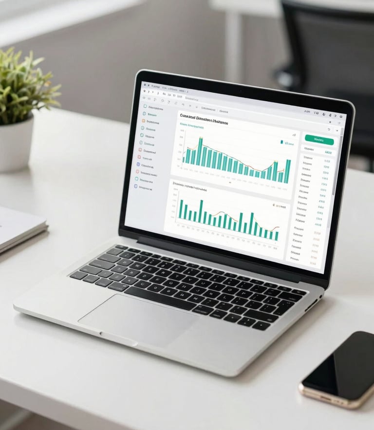 A clean modern laptop displaying a financial dashboard on a neat desk, bright even office lighting, neutral cool tones