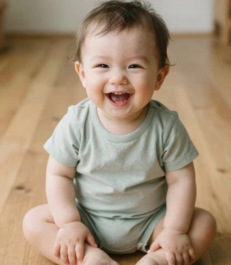 Candid lifestyle portrait of a toddler laughing in a soft sage cotton romper, sitting on a warm wooden floor, soft diffused natural daylight, shallow depth of field.