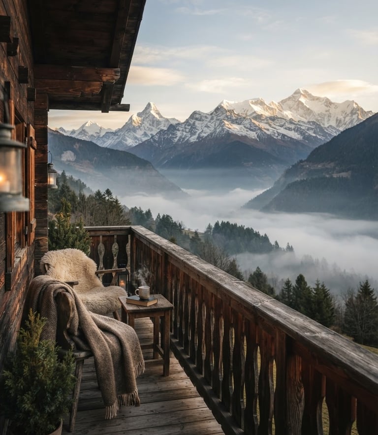 A cozy wooden cottage balcony overlooking mist-covered pine forests and snow-capped Himalayan peaks in morning light