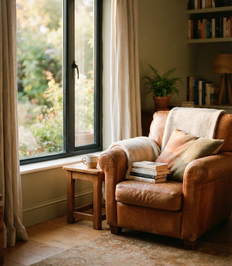 Sunlit domestic living room with a comfortable armchair by a large window, soft natural light, warm golden-hour tones, shallow depth of field, 35mm photography