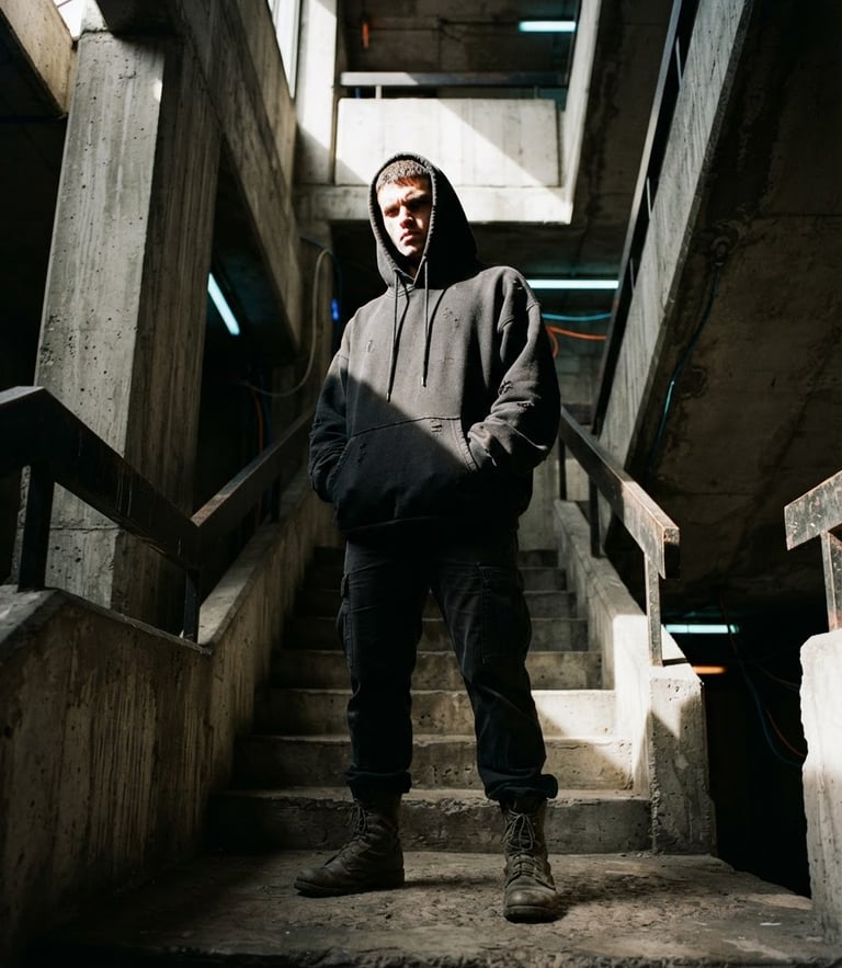 Low-angle shot of a model wearing a heavy black hoodie standing in a brutalist concrete stairwell, harsh shadows, direct sunlight, 35mm film style