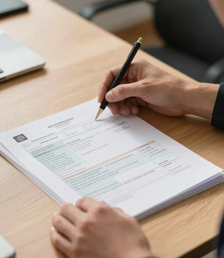 Close-up of hands organizing official Italian tax documents on a clean wooden desk in a bright Rome office, warm natural light.