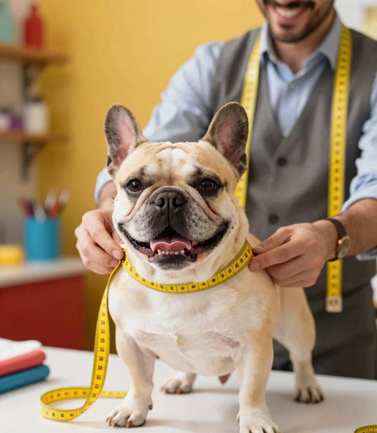 A happy French Bulldog being measured with a yellow tape measure by a smiling tailor in a bright, colorful workshop in Celaya, warm natural daylight, 35mm lens