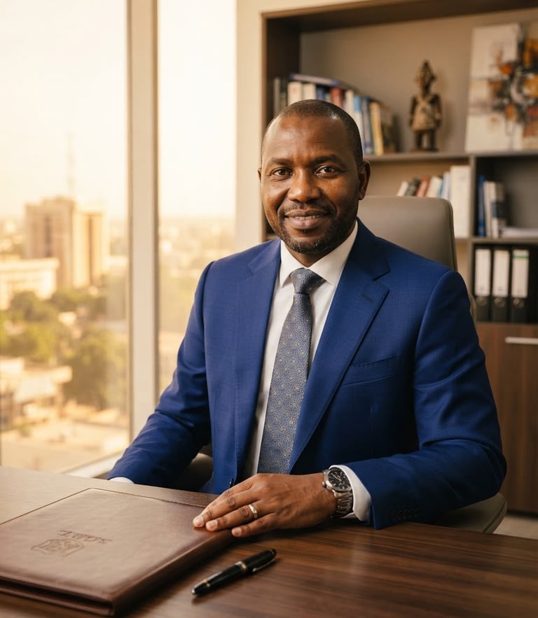 Professional corporate portrait of a Chadian financial leader in a modern office, warm natural daylight, deep royal blue suit, confident editorial framing