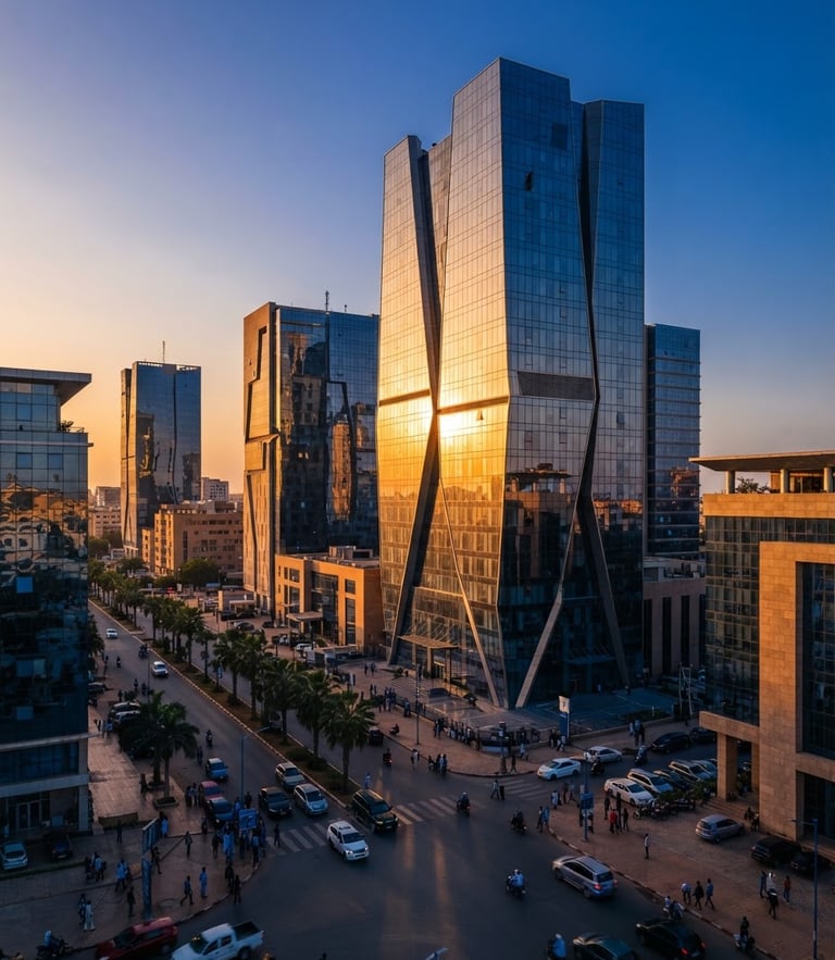 An elegant architectural view of N'Djamena's modern business district, warm golden hour sunlight reflecting off glass facades, deep royal blue shadows, premium editorial photography style.