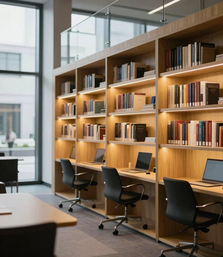 Sleek corporate library and modern study space, cool daylight with warm gold ambient light, sharp focus, 35mm