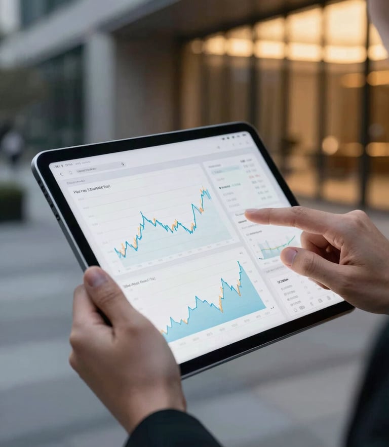 Sleek corporate photography of hands interacting with a high-end digital tablet displaying clean financial charts, cool daylight with warm gold ambient light, sharp focus, 35mm