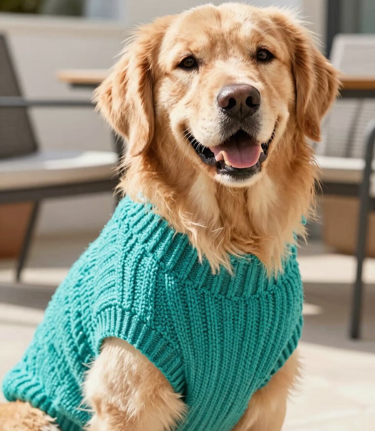 Eye-level portrait of a happy Golden Retriever wearing a vibrant teal handmade knit sweater, sitting comfortably on a sunny patio, soft natural daylight, shallow depth of field.