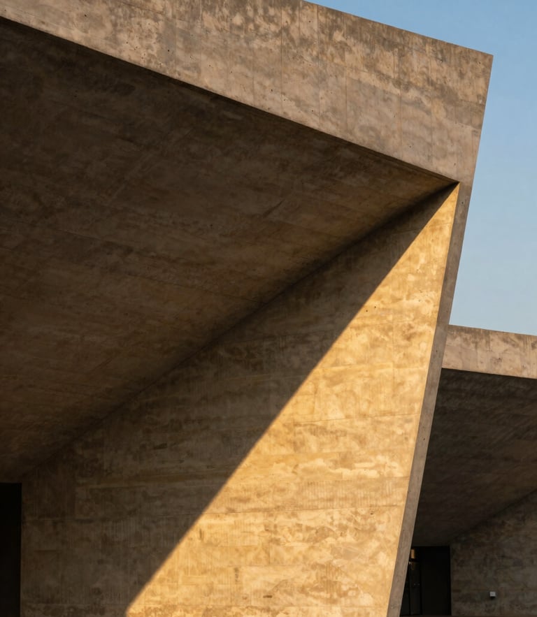 Monolithic concrete structure with dramatic geometric shadows cast on textured warm plaster, extreme wide-angle architectural crop, high-contrast golden hour lighting.
