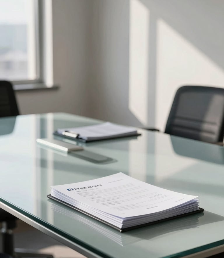 A bright, modern Indonesian corporate boardroom with daylight streaming in, a clean glass table reflecting light, and professional business documents neatly stacked. Soft shadows, corporate premium atmosphere.