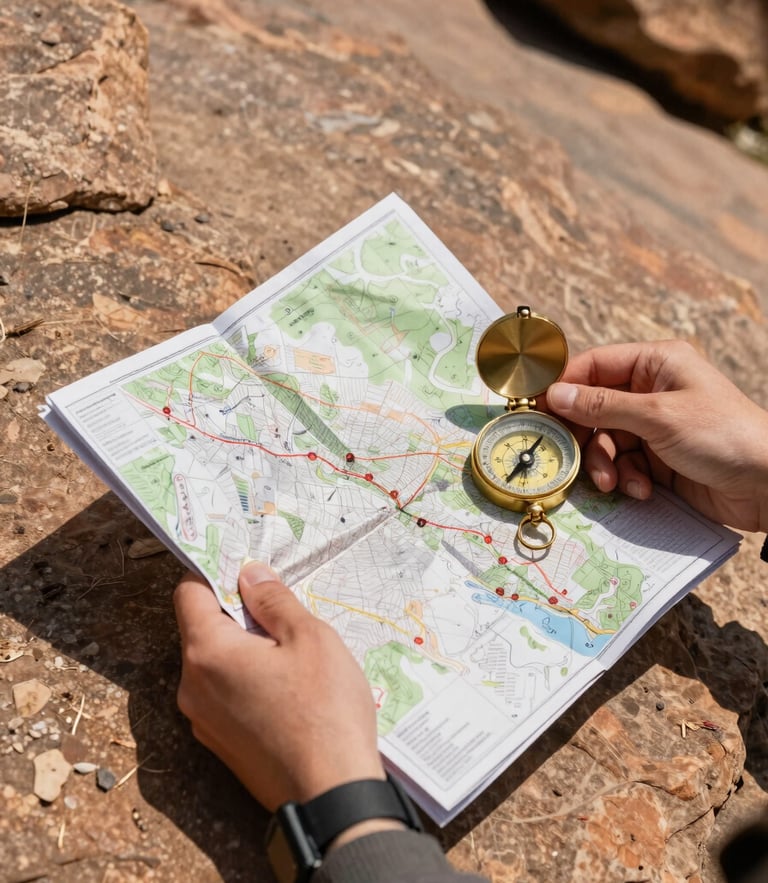 Macro shot of hands holding an official topographic map and a classic compass over a sandstone rock face, sharp midday shadows, rugged outdoor gear visible.