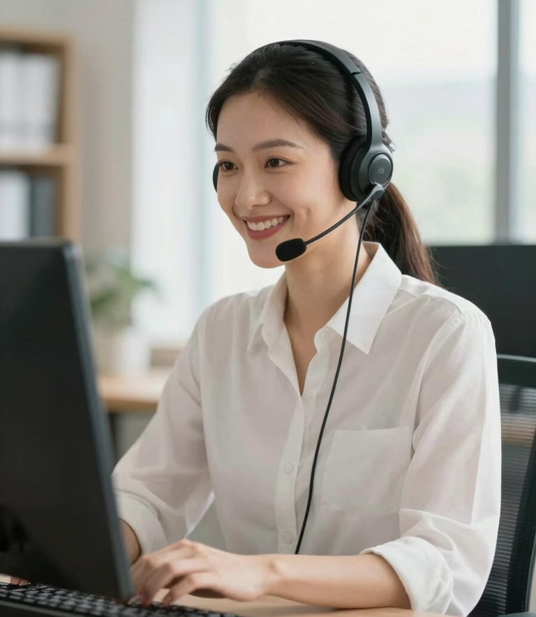 Professional remote customer support agent wearing a high-quality headset, sitting in a bright, modern, well-lit home office in São Paulo, smiling naturally, soft window light, shallow depth of field, 35mm