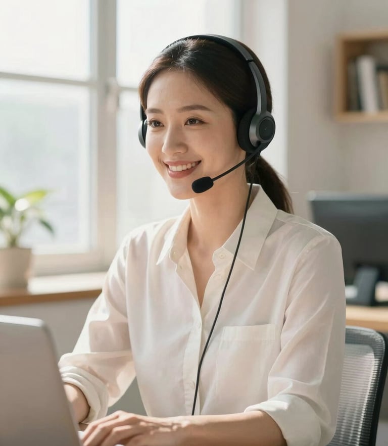 A professional remote agent in her 30s, wearing a high-quality headset, smiling warmly in a bright, sunlit home office with soft window light, shallow depth of field, 35mm.