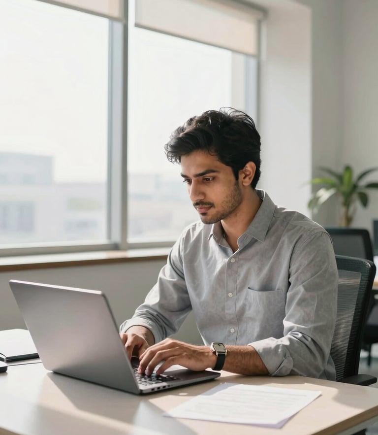 A focused young Pakistani professional working on a laptop in a bright, modern office in Lahore, daylight streaming through a window, 35mm photography