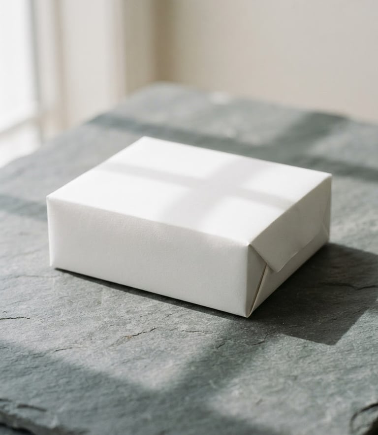 A minimalist package wrapped in clean white paper on a slate-grey stone surface, soft natural daylight, architectural shadows, clean product photography, bright neutral background, 50mm