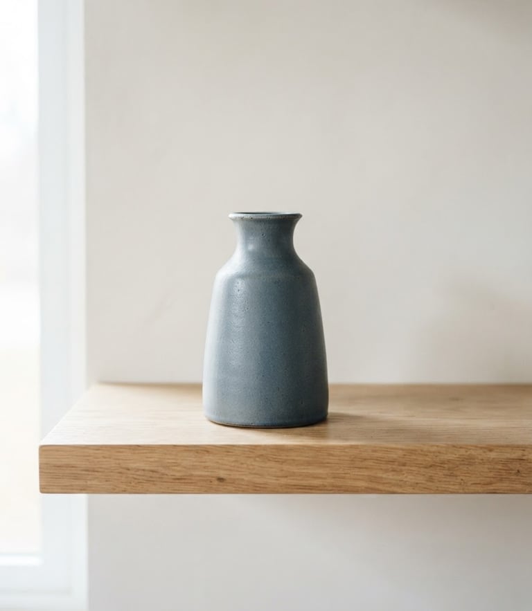 A minimalist slate-blue ceramic vase on a white oak shelf, soft natural daylight casting gentle shadows, editorial product photography, 50mm