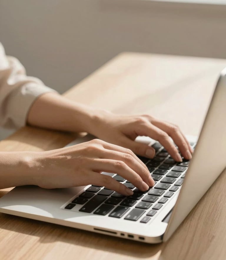 Close-up of elegant female hands typing on a modern laptop on a warm beige wooden desk, soft natural morning light, minimalist aesthetic