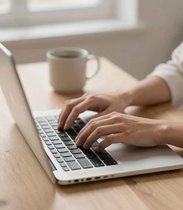 Close-up of elegant female hands typing on a modern silver laptop on a warm beige wooden desk, soft morning window light, minimalist ceramic coffee mug nearby, shallow depth of field, 35mm