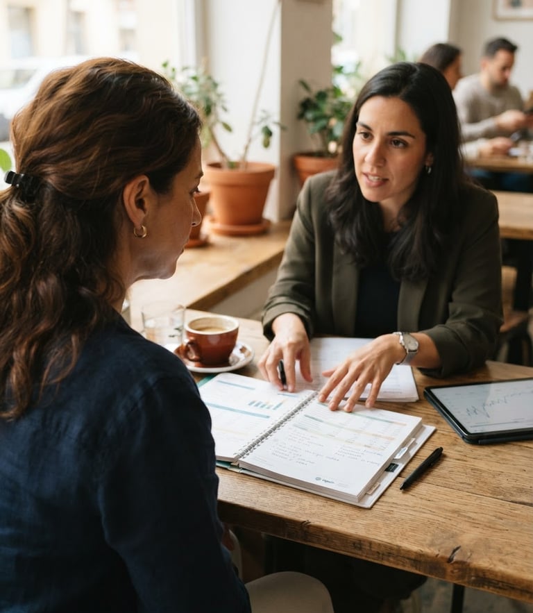 Authentic over-the-shoulder portrait of a Spanish-speaking woman looking at her financial planner on a wooden table, soft morning light, warm clay accents.