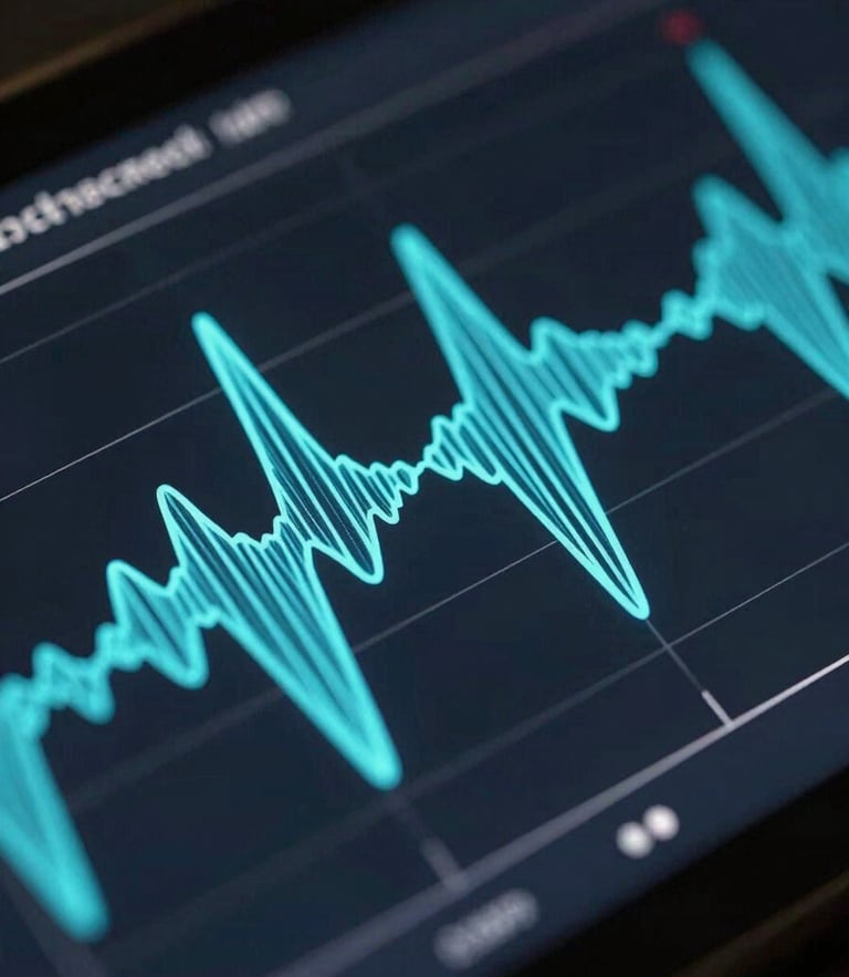 Macro crop of a real-time conversational latency graph, electric cyan audio waves pulsing across a dark obsidian interface, high fidelity, 3D soundwave physics.