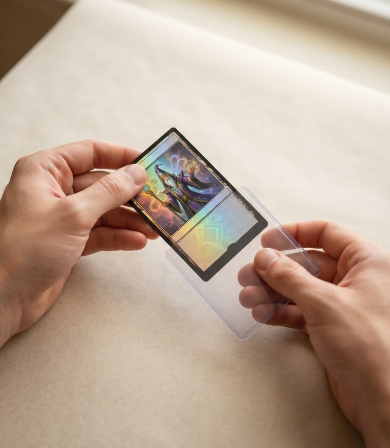 Top-down clean product photography of hands carefully placing a holographic trading card into a protective sleeve, soft natural daylight, warm neutral parchment background