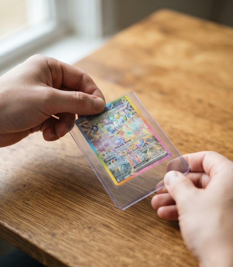 Hands carefully placing a holographic trading card into a clear protective sleeve, soft daylight, warm wooden tabletop background