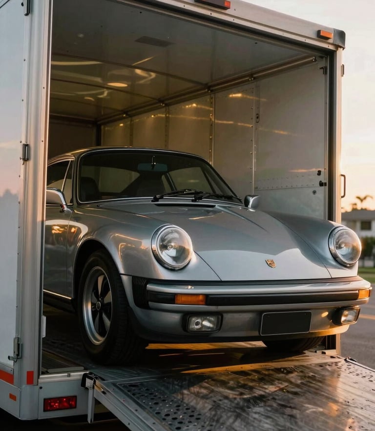 Low-angle dramatic portrait of a pristine classic Porsche being meticulously loaded into a modern climate-controlled enclosed trailer, warm golden hour light reflecting off the metallic paint, shallow depth of field, 35mm photography