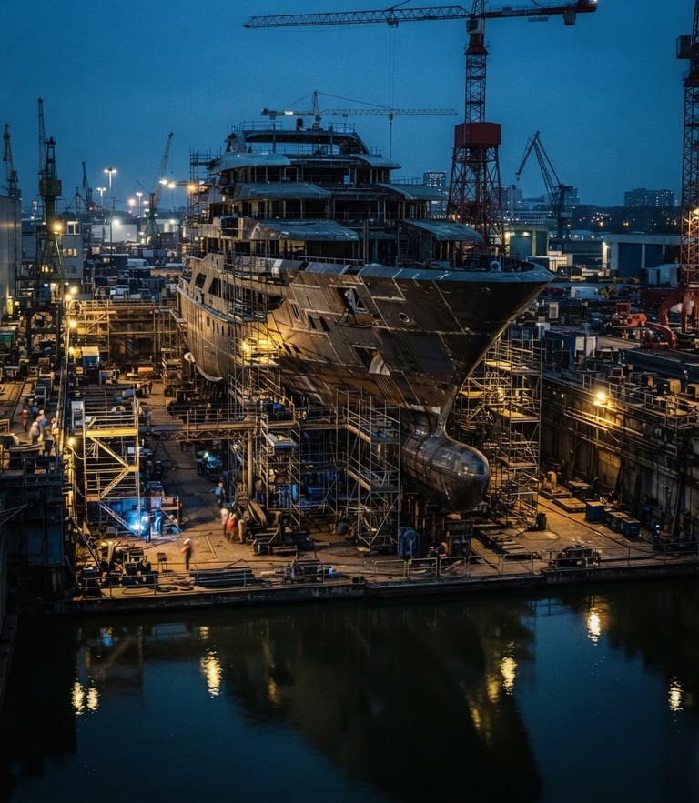 Cinematic industrial shipyard at twilight, massive luxury yacht hull under construction, sharp yellow warning lights reflecting on dark water, 35mm lens