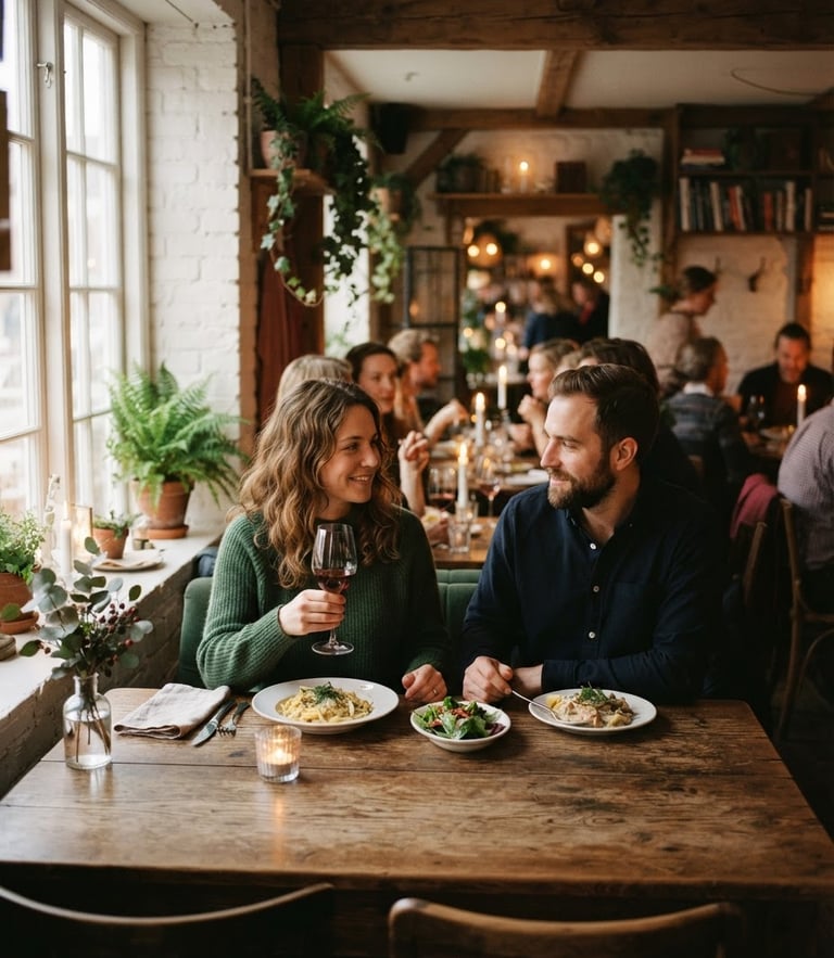Cozy Scandinavian-style restaurant interior, warm ambient light, soft natural daylight filtering through a window, rustic wooden tables, shallow depth of field, 35mm film look.