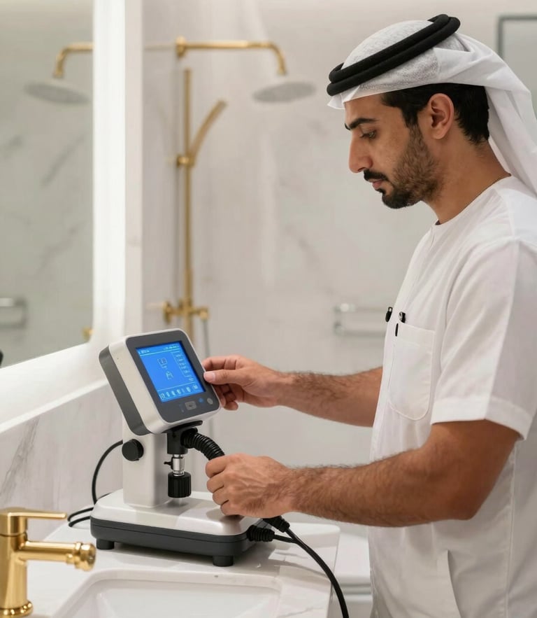 A sharp, medium technical shot of an immaculate, uniformed technician operating an advanced digital leak detection system inside a brightly lit, modern Dubai villa bathroom, highlighting clean brass fixtures.