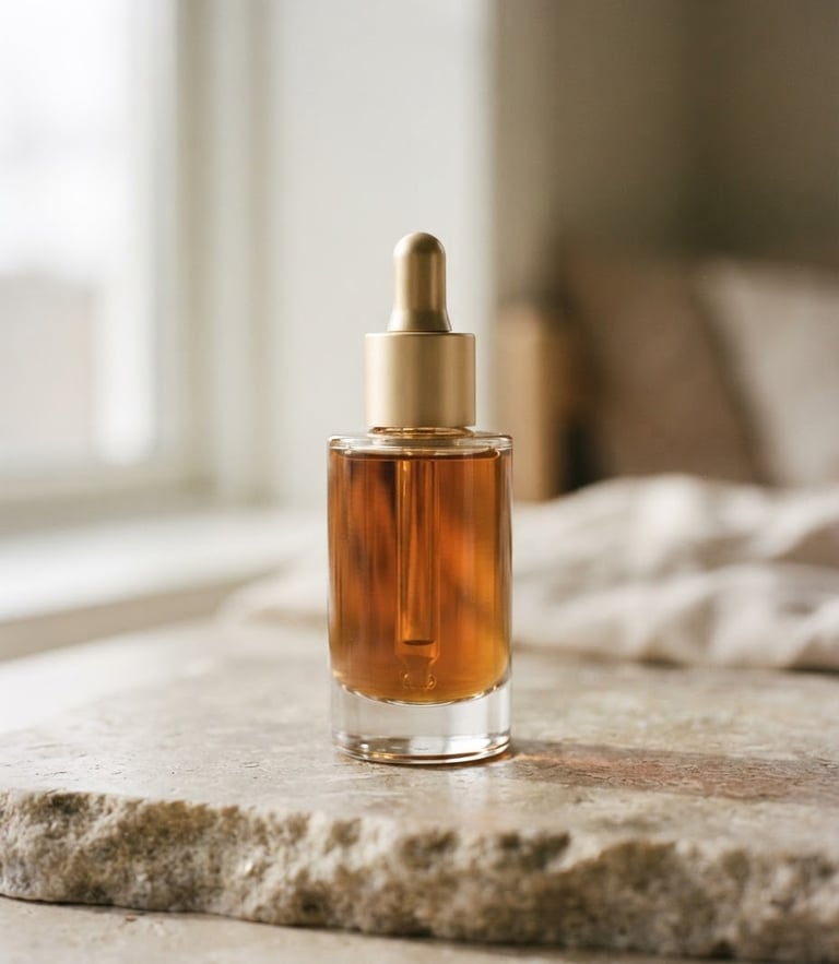 Minimalist beauty product bottle of XN Beauty serum on a warm gray-beige stone surface, soft diffused window light, elegant shadows, 35mm photography