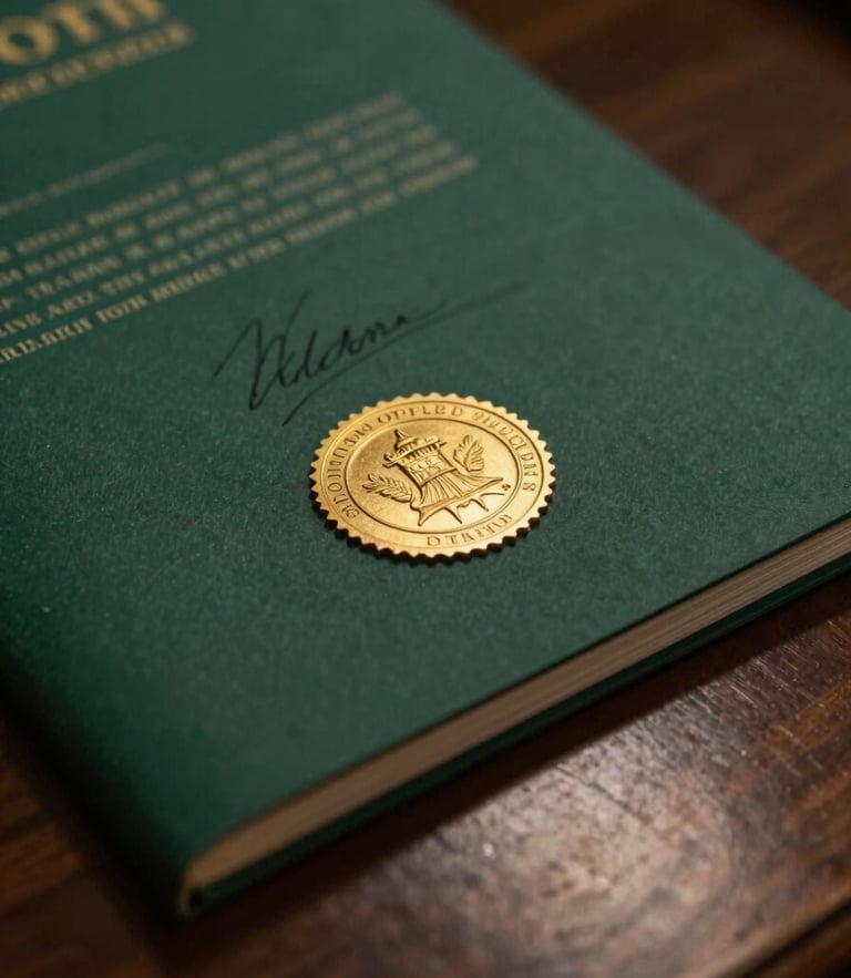 Dramatic low-key interior lighting reflecting off polished dark wood, close-up of a signed state document with a gold-embossed seal, editorial corporate photography.