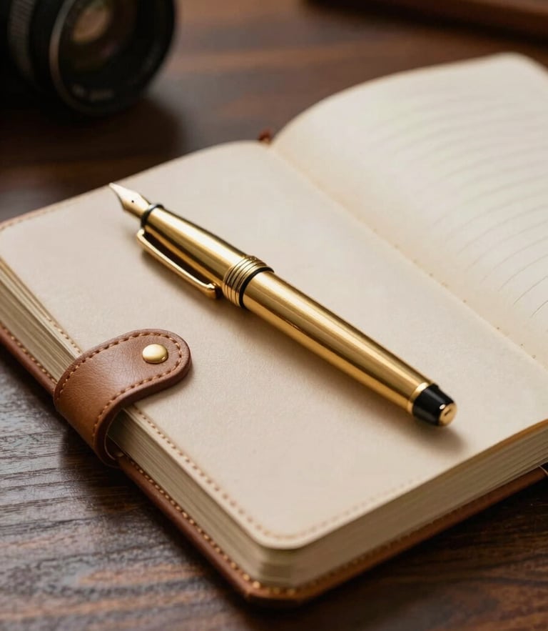 Close-up of a high-quality leather notebook, an elegant gold fountain pen resting on its open pages, dark oak executive desk background, warm natural side-light.