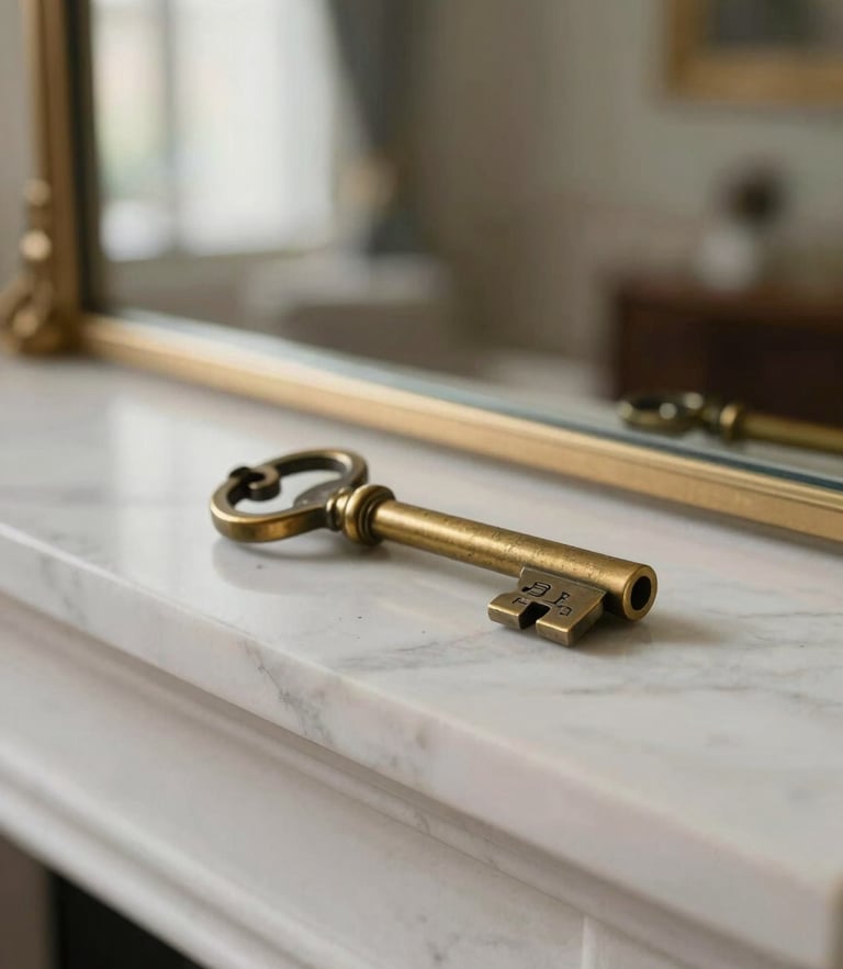 Close-up of a vintage brass key with an engraved metal tag resting on a white marble mantelpiece, soft morning light, Parisian apartment interior blurred in the background.