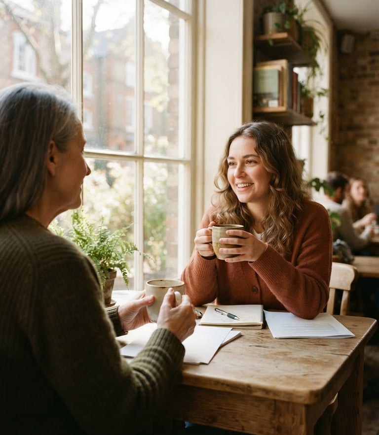 Over-the-shoulder view of a mentor and participant sitting by a sunlit window, holding warm mugs, sharing a quiet conversation, soft natural light, muted earthy tones.