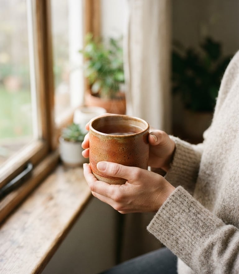 A soft close-up of hands holding a warm ceramic mug near a window, gentle morning light, earthy terracotta tones, shallow depth of field.