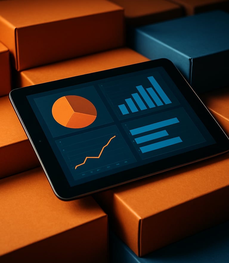 Vue studio rapprochée d'une tablette affichant un tableau de bord publicitaire lumineux posée sur une pile de packagings imprimés orange et bleu de haute qualité, ombres nettes.