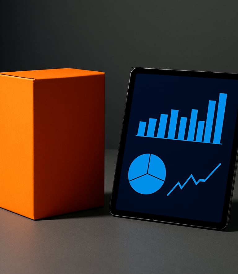Vue rapprochée en studio d'un packaging cartonné orange vif fraîchement imprimé, posé à côté d'une tablette affichant des graphiques de performance publicitaire bleu électrique, ombres nettes, lumière technique.