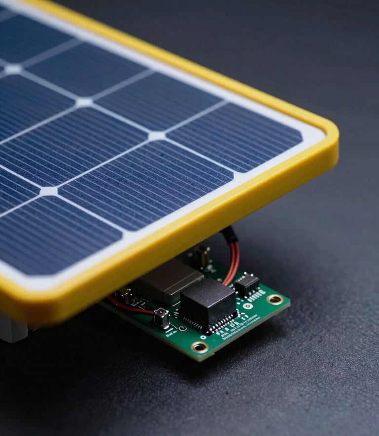 High-fidelity macro shot of the physical solar tracker prototype, focusing on the yellow-rimmed solar panel edge and the micro-controller wiring beneath. Moody low-key studio lighting with sharp blue accents, clean dark background.
