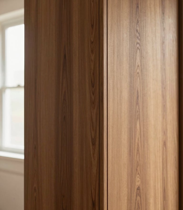 Architectural portrait of a bespoke walnut kitchen cabinet, highlighting clean wood joints and continuous grain, warm natural side-light, 35mm