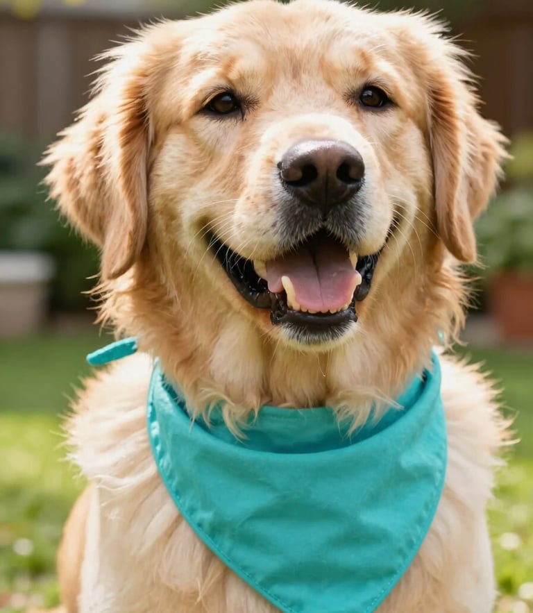 Close-up of a happy golden retriever wearing a vibrant teal handmade bandana, sunlit garden background, 50mm lens