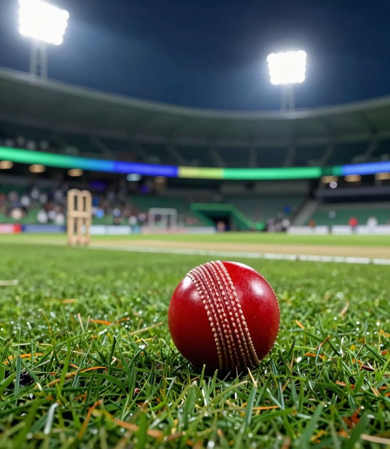 Low-angle dynamic action shot of a red leather cricket ball seam resting on green grass turf under bright stadium floodlights