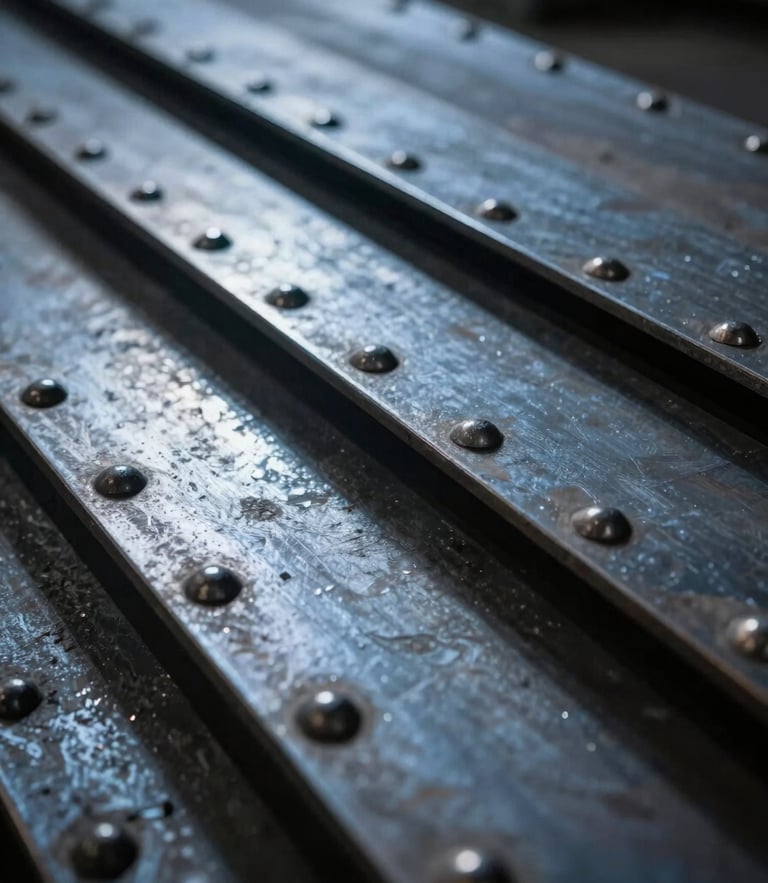 Extreme close-up macro shot of heavy industrial steel plates with visible rivets, low-key dramatic chiaroscuro lighting, cold steel-blue highlights, deep shadows.