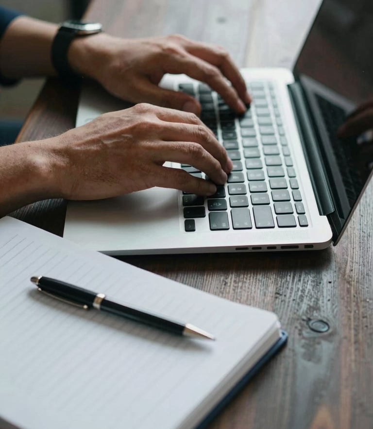 Close-up of hands typing on a laptop next to a structured notebook on a dark wood desk, cool daylight.