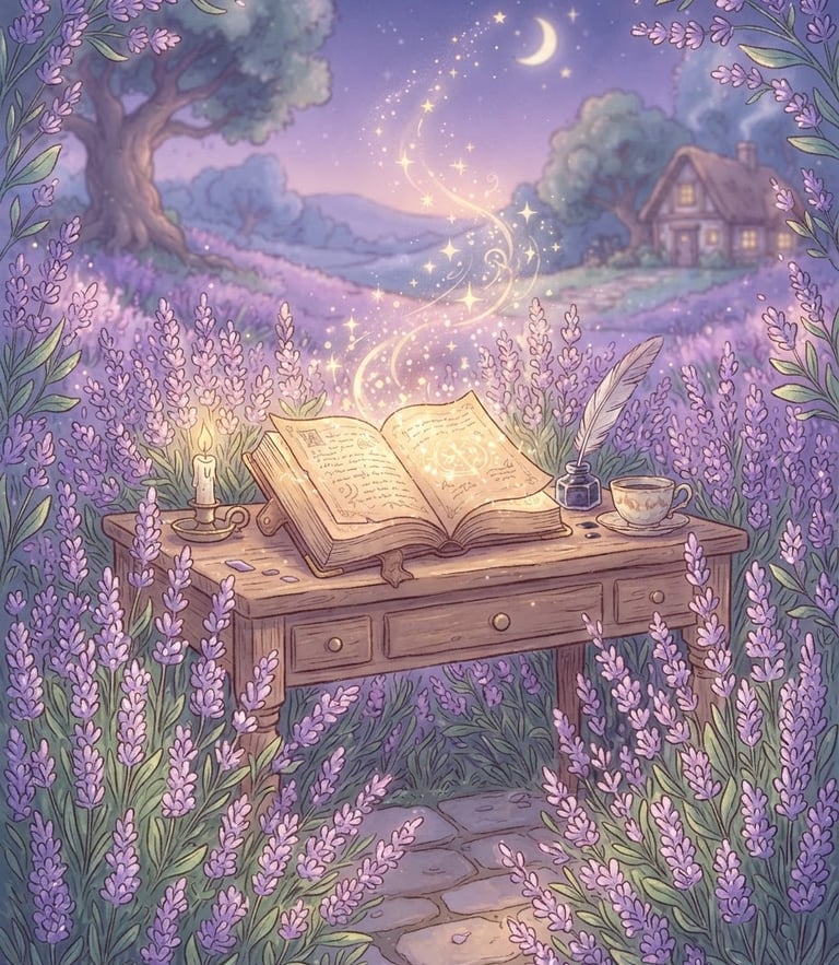 Soft dreamy digital illustration of a cozy writing desk surrounded by lavender flowers, a glowing book open with magical sparkles rising, soft purple lighting, hand-drawn style