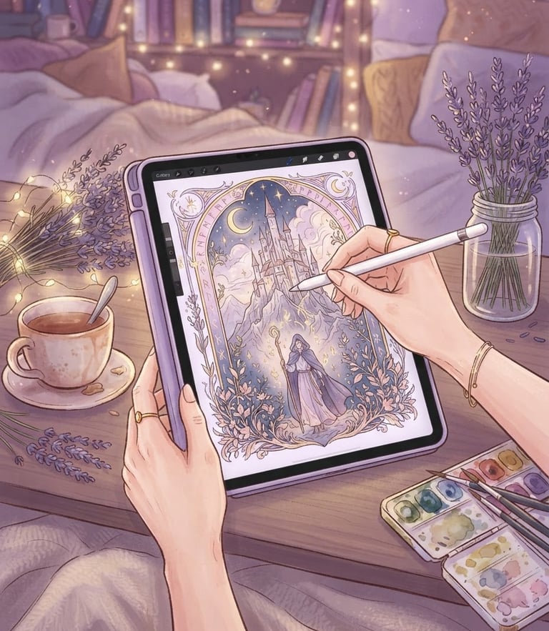 Soft dreamy digital drawing showing hands sketching a fantasy book cover on a tablet, soft lilac lighting, delicate linework, cozy setup with lavender flowers