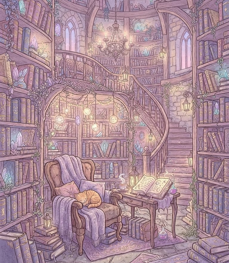 Close-up of a hand-drawn digital illustration of a magical library in soft lilac and pastel tones, whimsical fantasy aesthetic, delicate linework, cozy magical lighting