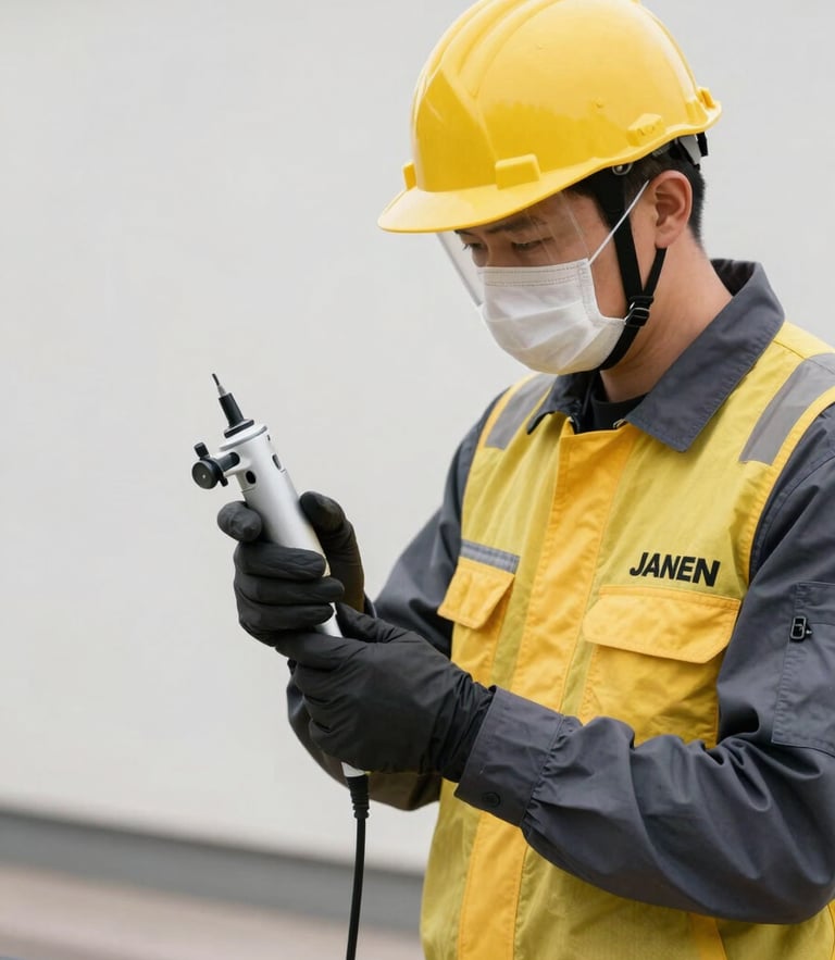 A professional pest control technician in a clean Jansen uniform with protective gear, operating modern injection equipment in bright daylight, high-contrast yellow and charcoal tones, sharp focus, 35mm